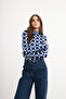 Women's Navy Blue Geometric Patterned Body Suit with Finger Detail - 3
