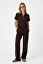 Women's Nola Modal Touch Zippered Polo Collar Waist Elastic Pocketed Brown Top and Bottom Set - 3