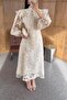 Lace Embroidered Scarf Collar Ecru Dress - 6