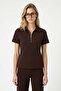 Women's Nola Modal Touch Zippered Polo Collar Waist Elastic Pocketed Brown Top and Bottom Set - 2