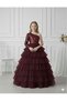 Girl's One-Shoulder Sequined Layered Tulle Detailed Burgundy Evening Dress, Graduation Dress