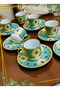 6-Person Green & Gold Detailed Luxury Porcelain Coffee Cup Set - 70 ml