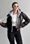 Women's Hooded Brown Leather Jacket Oversized Crop Hoodie Detailed Sleeves with Belt - 5