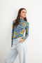 Women's Turquoise Mustard Marbling Print Patterned Body Suit with Finger Detail - 2