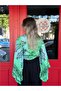 Green Color Spanish Sleeve Gold Detailed Drop Patterned Silk Blouse - 2