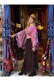 Pink Color Spanish Sleeve Gold Detailed Shawl Patterned Silk Blouse - 6