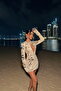 Cream Tamara Mini Sequin Embroidered Long Sleeve Low-Cut Evening Dress Ate-4714 - 4