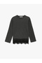 Cotton Long Sleeve Crew Neck Oversized T-Shirt with Lace Detail - 2