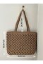 Light Brown, Hand Knitted Paper String Bag, Gift Diary Shoulder Bag with Strap, Lined, with Pockets, Snap Fasteners - 2