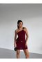 Women's Burgundy One-Shoulder Sandy Mini Dress with Gold Accessories Hzl26W-Fry123781 - 2