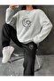 Women's Gray Sun and Moon Printed Tracksuit Set 100% Cotton Sweatshirt Pants