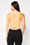 Women Round Neck One Shoulder Sleeve Mesh Top, Orange - 4