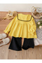 Girls Yellow Embroidered Top and Knit Pants Set - 2