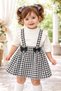 Baby Girl Salopet Dress Set Teddy Bear Detailed Houndstooth Patterned Gilet Badi Combination 6 Months-3 Years - 4