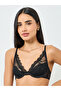Black Solid Lace Patchwork Padded Wired Bra - 2