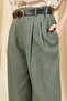 Women's Khaki Belt Detailed Double Pleated Bermuda Linen Trousers - 7