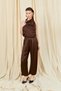 Women's Coffee Color 9087 Satin Suit with Collar Tie and Gold Buckle Shalwar Trousers - 3