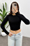 Women's Black Crew Neck Long Sleeve Crop Blouse - 4