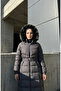 Fur Hooded Belted Inflatable Coat 6135-01 Gray - 3