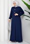 Button Detailed A-Pleated Hijab Dress Navy Blue Hm2889 - 6