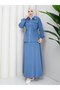 Women's Denim Suit Long Skirt and Zippered Jacket Two-Piece Set N-05499 _ Blue - 3