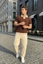 Köyten Regular Fit Men's Short Sleeve Knitwear Polo Collar Brown T-Shirt with Striped Texture - 3