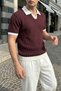 Köyten Regular Fit Men's Short Sleeve Knitwear Polo Collar Plum T-Shirt Striped Textured - 2