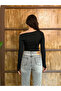 Women's Black Asymmetrical Cut Finger-Loop Detailed Blouse - Body-Hugging, Finger-Tight, Long Sleeve Body - 4