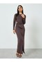 Women's Solid Round Neck Long Sleeve Mental Buckle Decor Ruching Detail Maxi Dress - 3