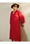 Red Balloon Sleeve Pleated Midi Dress - 6