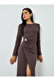 Women's Solid Round Neck Long Sleeve Mental Buckle Decor Ruching Detail Maxi Dress - 2