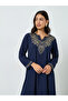 Navy Blue Embroidered Notch Neck Jalabiya - 2