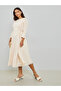 Cream 3/4 Sleeve Pleated Midi Dress - 2
