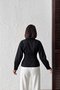 Women's Black Waist-Fitted Dart Detail Pleated Waist Stylish Buttoned V-Neck Shirt - 3
