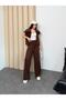 Women's Brown Vest Double Suit - Wide Leg Lace-Up Pants and Zip-Up Vest Set - 6