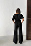 Women's Black Soft Bat Sleeve Blouse with Tie Waist and Wide Leg Two-Piece Set - 4