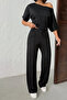 Women's Black Soft Bat Sleeve Blouse with Tie Waist and Wide Leg Two-Piece Set - 3