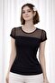 Women's Black Tulle Detailed Short Sleeve Blouse with Transparent Collar, Stylish Athlete Model - 6