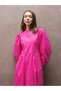 Pleated Fuchsia Polka Dot Poplin Long Women's Dress - 2