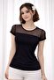 Women's Black Tulle Detailed Short Sleeve Blouse with Transparent Collar, Stylish Athlete Model - 5