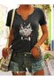Women's Fuzzy Floral Printed Half V-Neck Sleeves Relaxed Fit T-Shirt