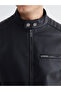 Black Standard Fit Mock Neck Men's Leather-Look Coat (S6) - 4