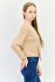 Women Round Neck Plain Long Sleeves Cropped Top, Dark Beige - 3