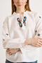 Women's White Collar Embroidery Detailed Lace-Up Boho Cotton Blouse Blz-19003231 - 5