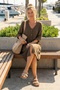 Brown Court Collar Buttoned 3/4 Sleeve Kangaroo Pocket Casual Muslin Loose Woven Dress 102 67 - 2