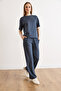 Women's Smoked Modal Buttoned Top and Short Sleeve Flowy Set Tkm-19000476 - 4