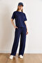 Women's Navy Blue Modal Buttoned Top and Short Sleeve Flowy Set Tkm-19000476 - 2
