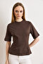 Womens Brown Crew Neck Cotton Peplum T-Shirt TSH-19000943 - 4