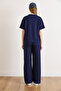 Women's Navy Blue Modal Buttoned Top and Short Sleeve Flowy Set Tkm-19000476 - 6