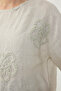 100% Linen Floral Motif Short Sleeve Blouse - 6